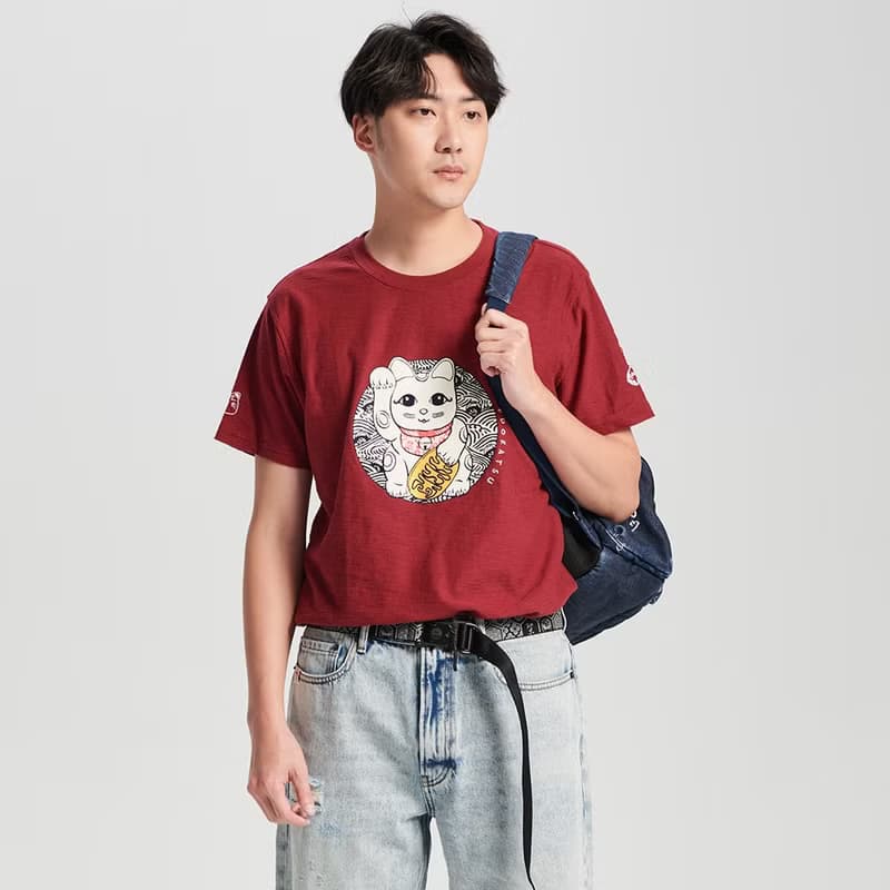 江戶勝 日系 男裝 招財貓短袖T恤(暗桔色) #上衣