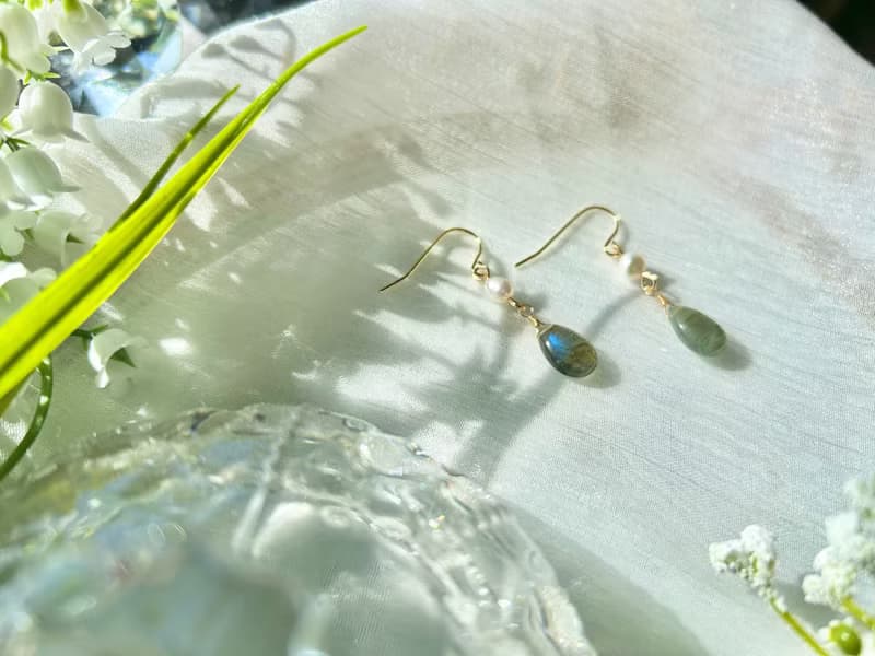拉長石光滑水滴形耳環 拉長石耳環 水晶飾品 耳環 手作飾品 手作