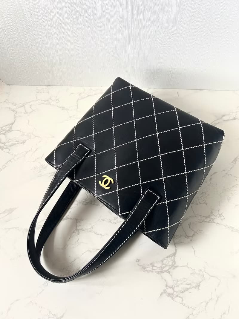 稀有中古二手Chanel Vivian黑色金標皮革小托特包單肩側背孭手袋