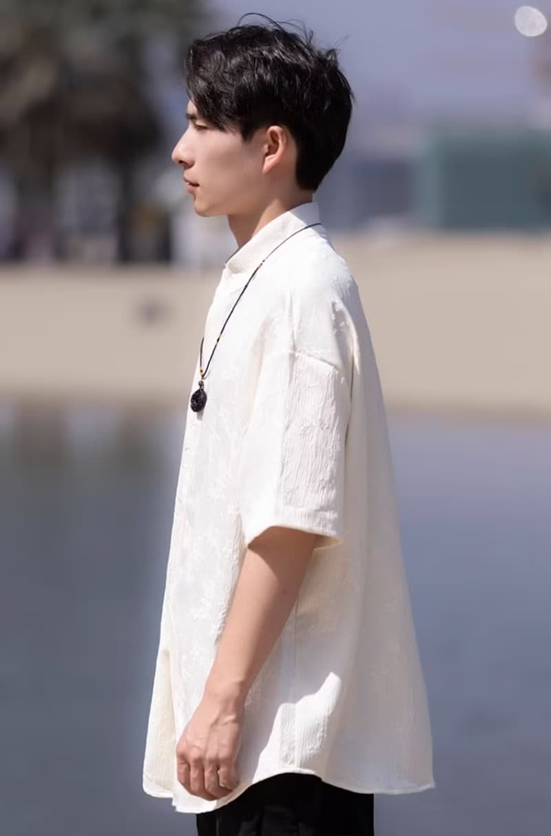 新中式復古 極簡立領提花短袖襯衫