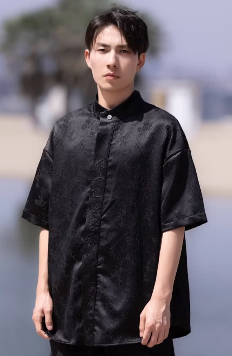 新中式復古 極簡立領提花短袖襯衫
