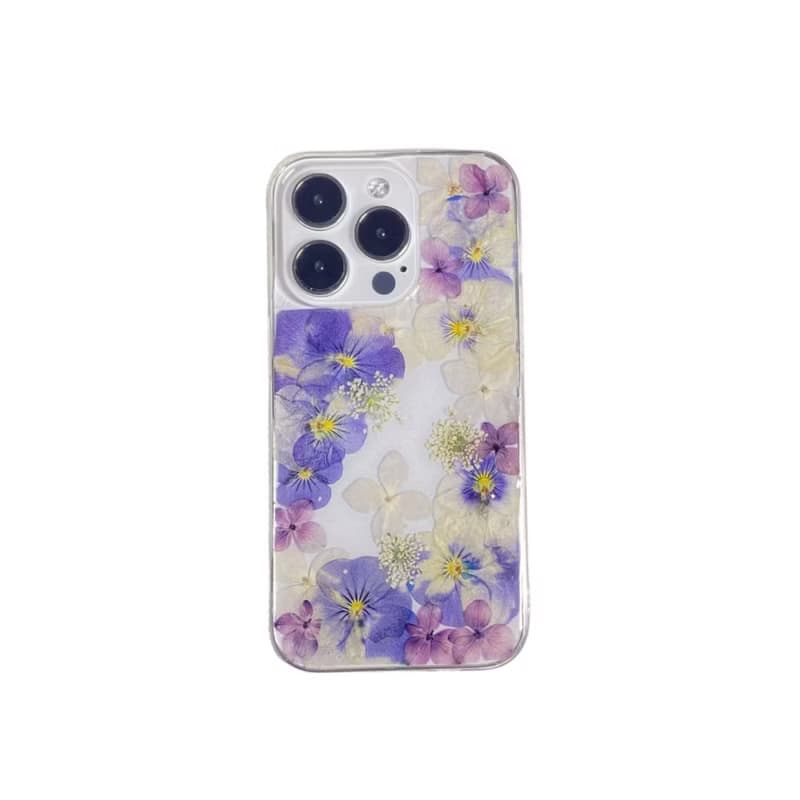 紫色三色堇 紫白繡球花 押花手機殼 適用於iPhone 16 Samsung S25