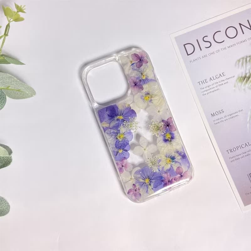 紫色三色堇 紫白繡球花 押花手機殼 適用於iPhone 16 Samsung S25