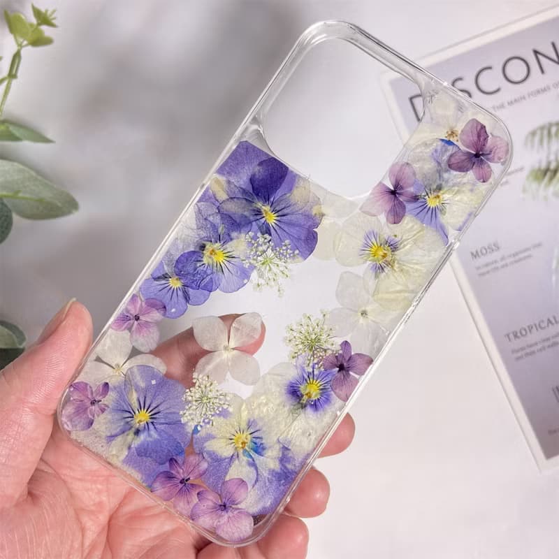 紫色三色堇 紫白繡球花 押花手機殼 適用於iPhone 16 Samsung S25