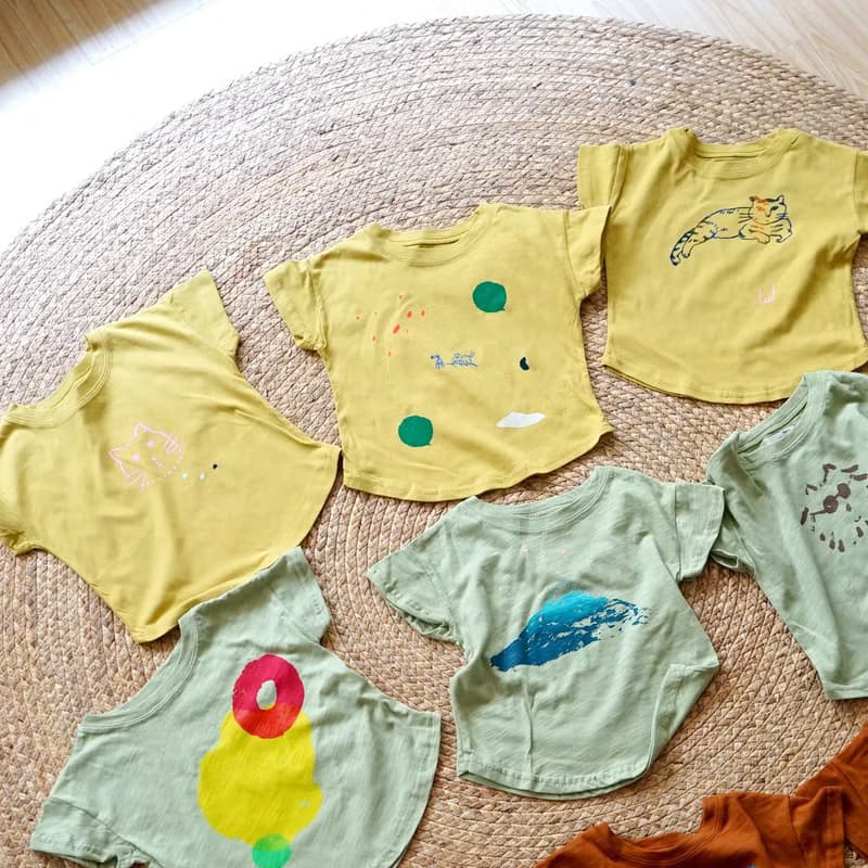 BABY&KIDS 丁丁小子、迷迷、小波  芥末亮黃色夏日手工印花短袖純