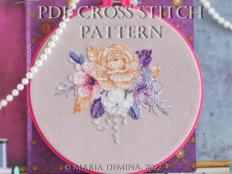 【數位】Moonlight Bouquet With Pearls PDF cross stitch pattern