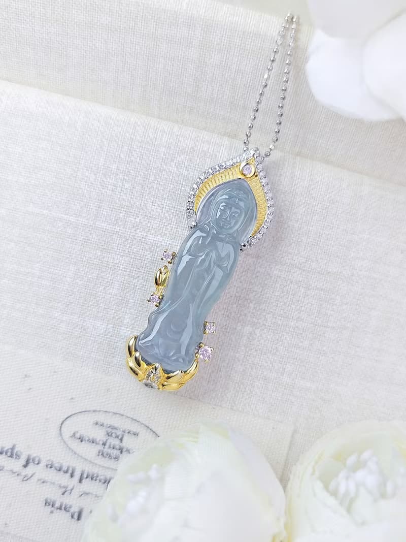 財運•事業•學業•平安|冰嬌藍觀音|A貨翡翠訂製銀吊墜