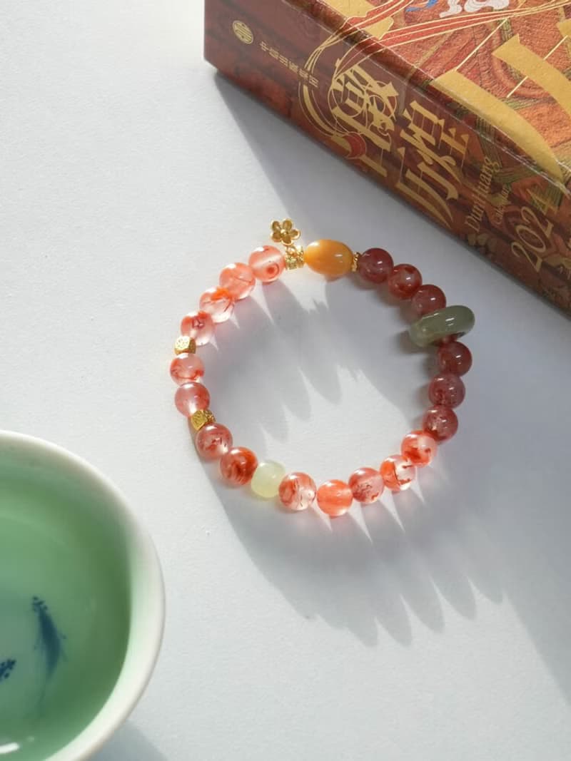 原創手工冰飄南紅蜜蠟和田青玉手串招財好運手鏈本命年生日禮物