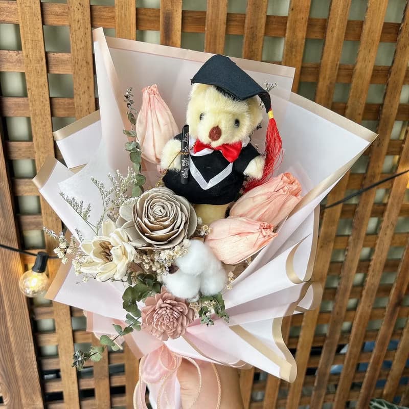鬱金香畢業小熊花束 永生花 乾燥花 畢業花束 送禮 附提袋