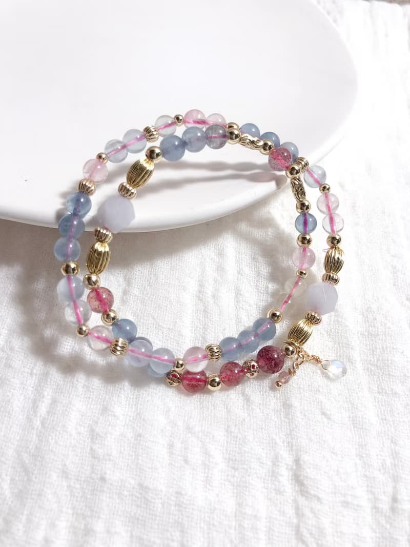 冰種摩根石、海藍寶、草莓晶 天然石手鍊