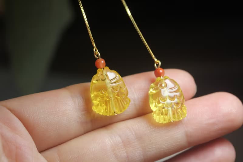 【魚】天然琥珀 手工雕刻耳墜長款耳飾 s925銀鍍k金  特色精美