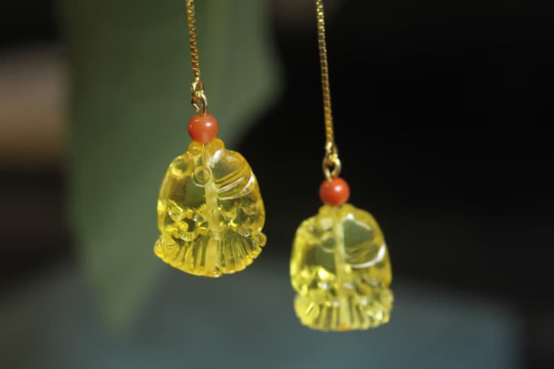 【魚】天然琥珀 手工雕刻耳墜長款耳飾 s925銀鍍k金  特色精美
