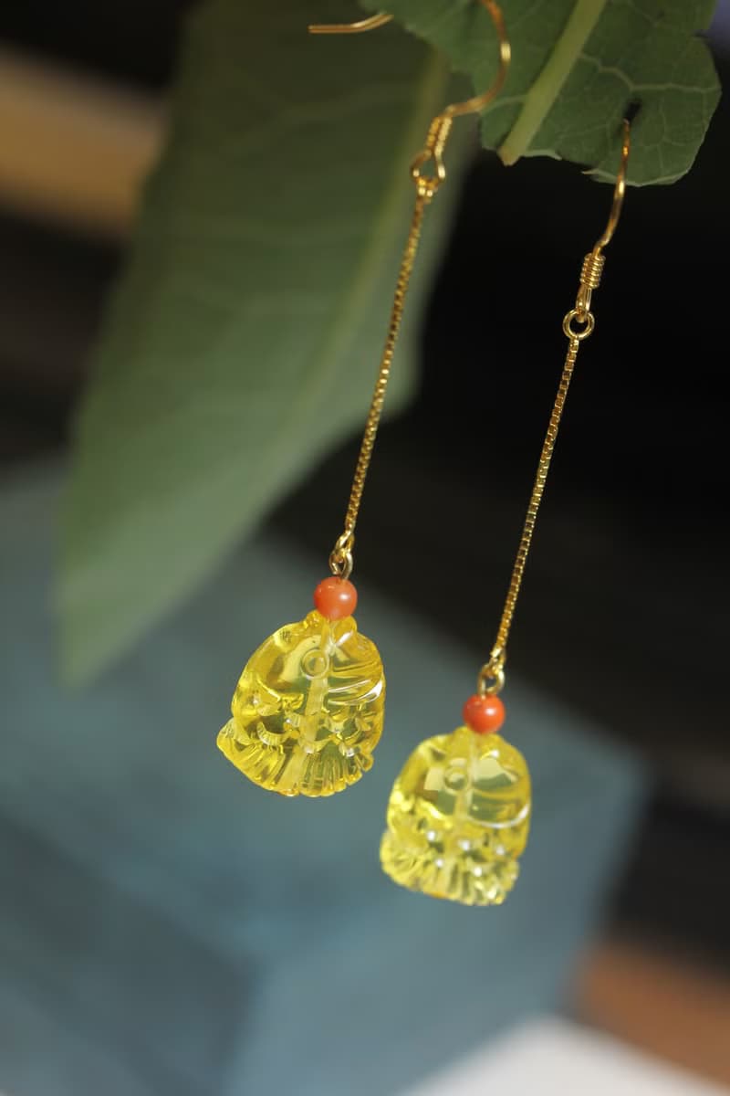 【魚】天然琥珀 手工雕刻耳墜長款耳飾 s925銀鍍k金  特色精美