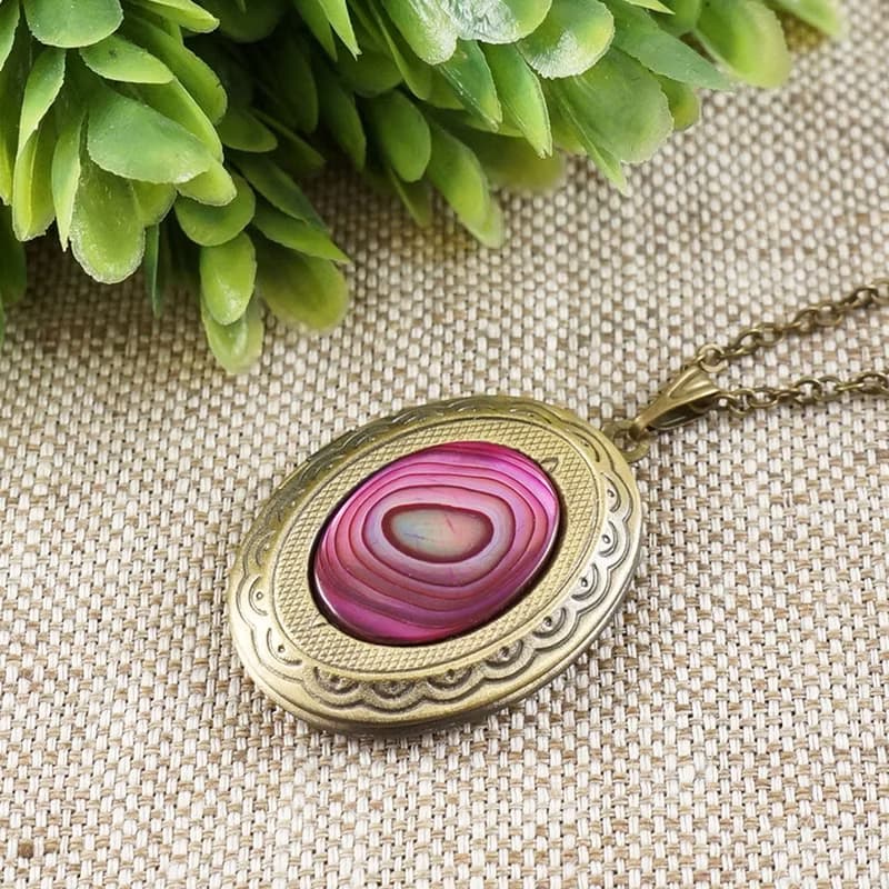 Pink Fuchsia Abalone Paua Shell Bronze Photo Locket Pendant Necklace Jewelry