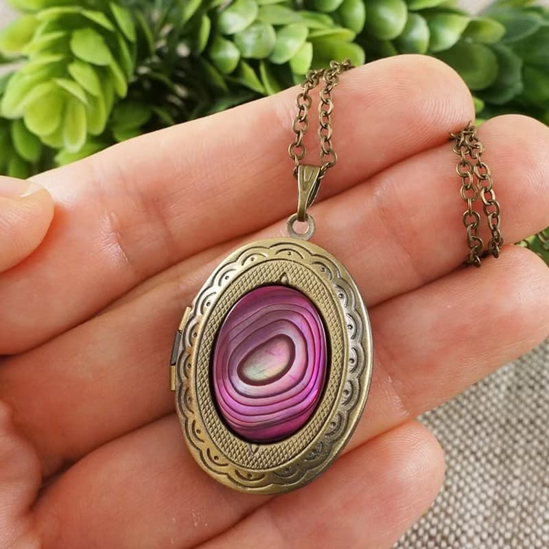 Pink Fuchsia Abalone Paua Shell Bronze Photo Locket Pendant Necklace Jewelry