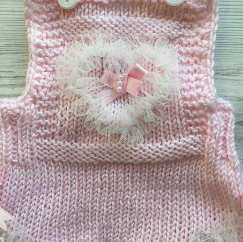 Hand knit pink romper with ivory lace, hat and shoes for baby girl.