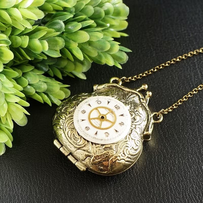 Steampunk Purse Locket Necklace Watch Face Gear Bag Pendant Wish Keeper Jewelry