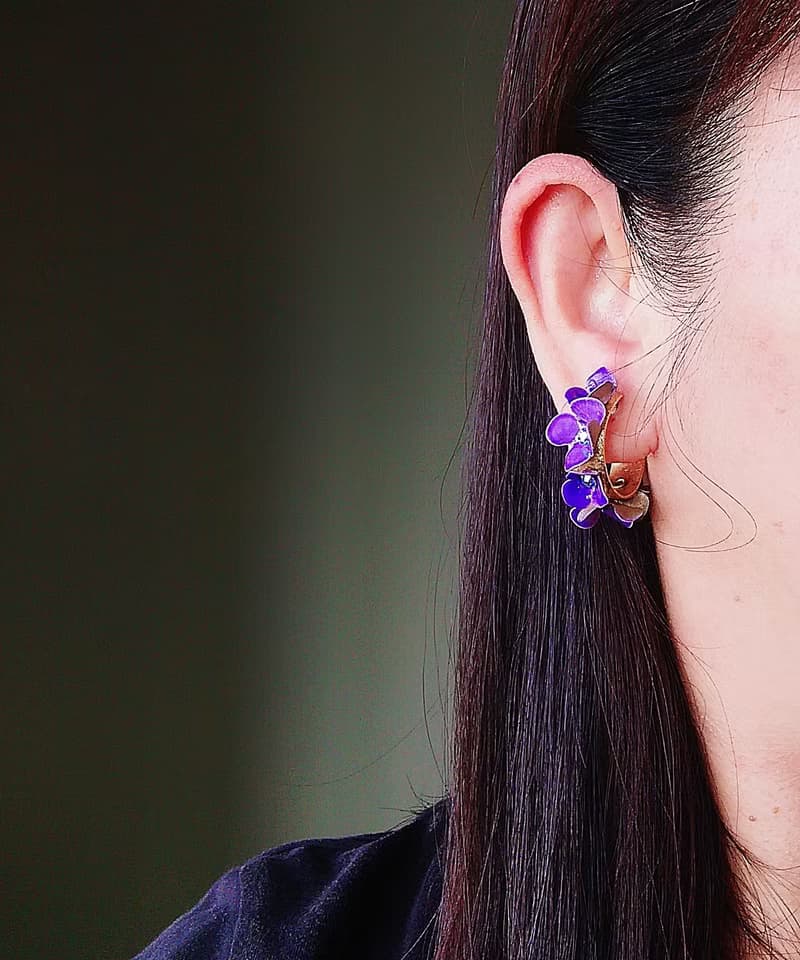 vintage jewelry 奧地利紫色琺瑯紫羅蘭花束  夾式耳環