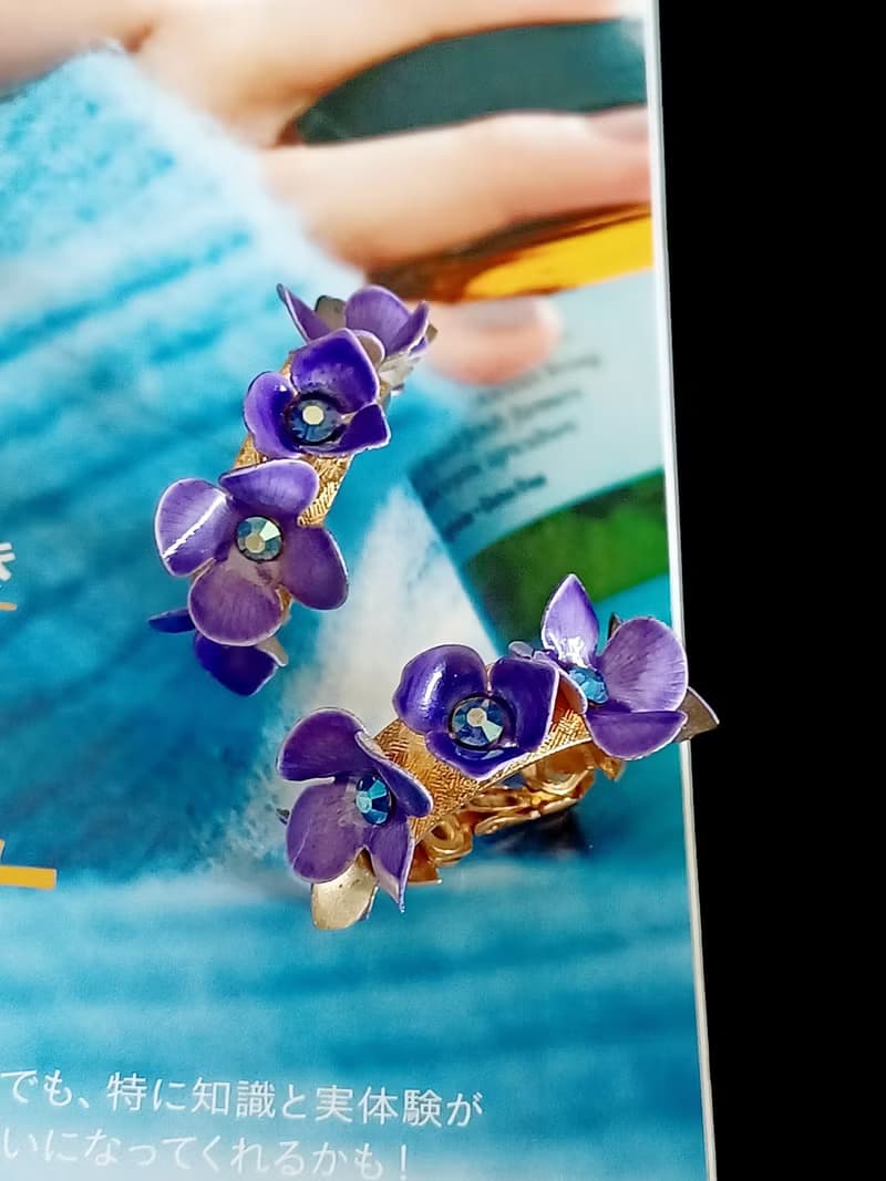 vintage jewelry 奧地利紫色琺瑯紫羅蘭花束  夾式耳環