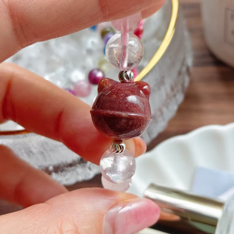 【珊瑚玉叮噹貓x粉水晶x粉阿塞編織手鏈 】好人緣