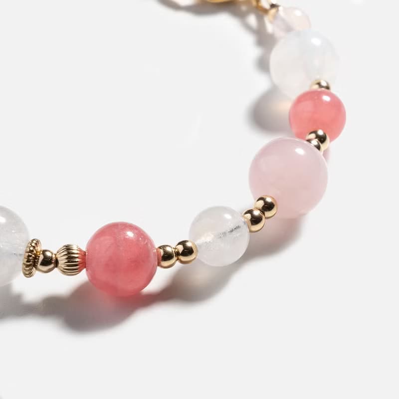 紅紋石月光石粉晶14k包金 水晶手鍊 禮物 招桃花手鍊