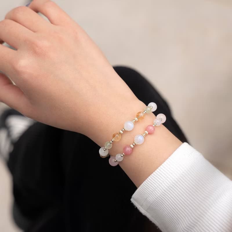 紅紋石月光石粉晶14k包金 水晶手鍊 禮物 招桃花手鍊