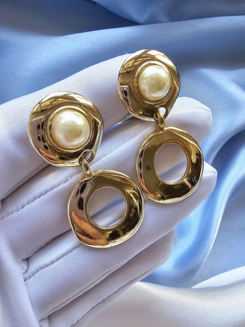 蛋面珍珠金漾圈圈吊墜夾式耳環/vintage美國西洋古董飾品