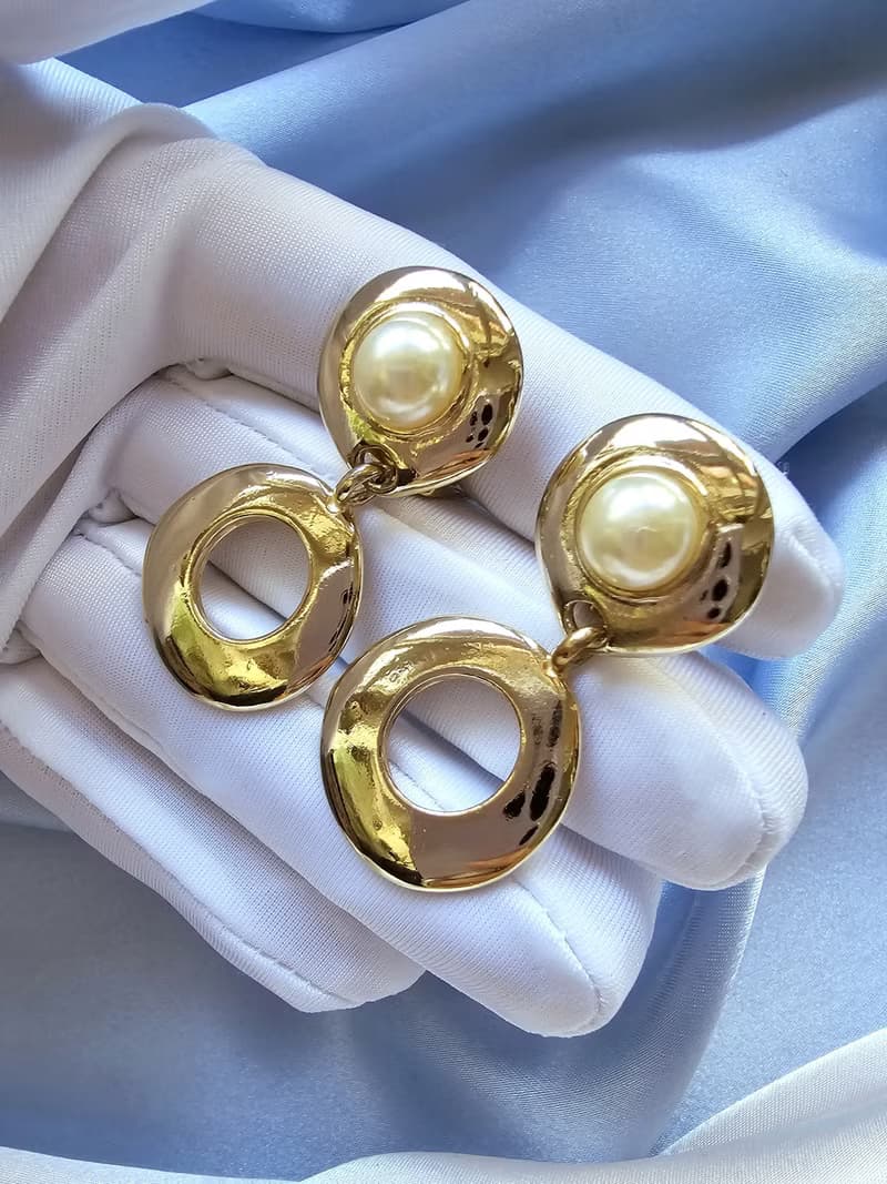 蛋面珍珠金漾圈圈吊墜夾式耳環/vintage美國西洋古董飾品