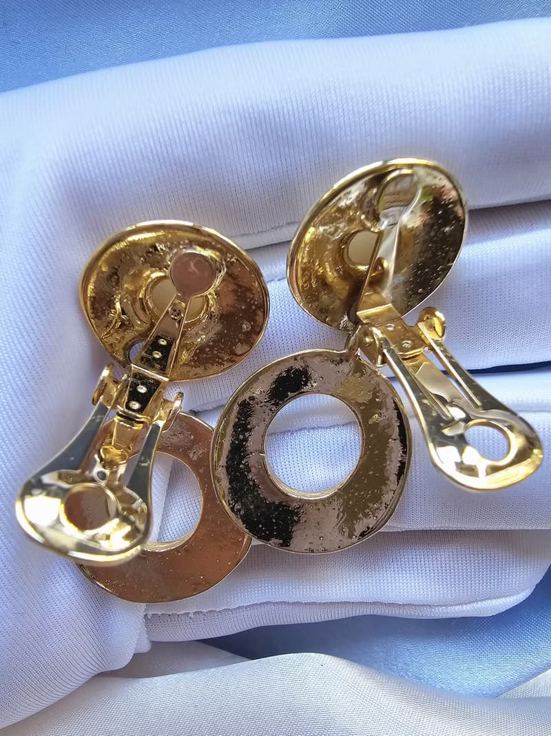 蛋面珍珠金漾圈圈吊墜夾式耳環/vintage美國西洋古董飾品