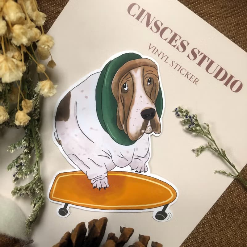 可愛狗狗插畫貼紙 憂鬱巴吉度滑板犬 防水貼紙 行李箱貼