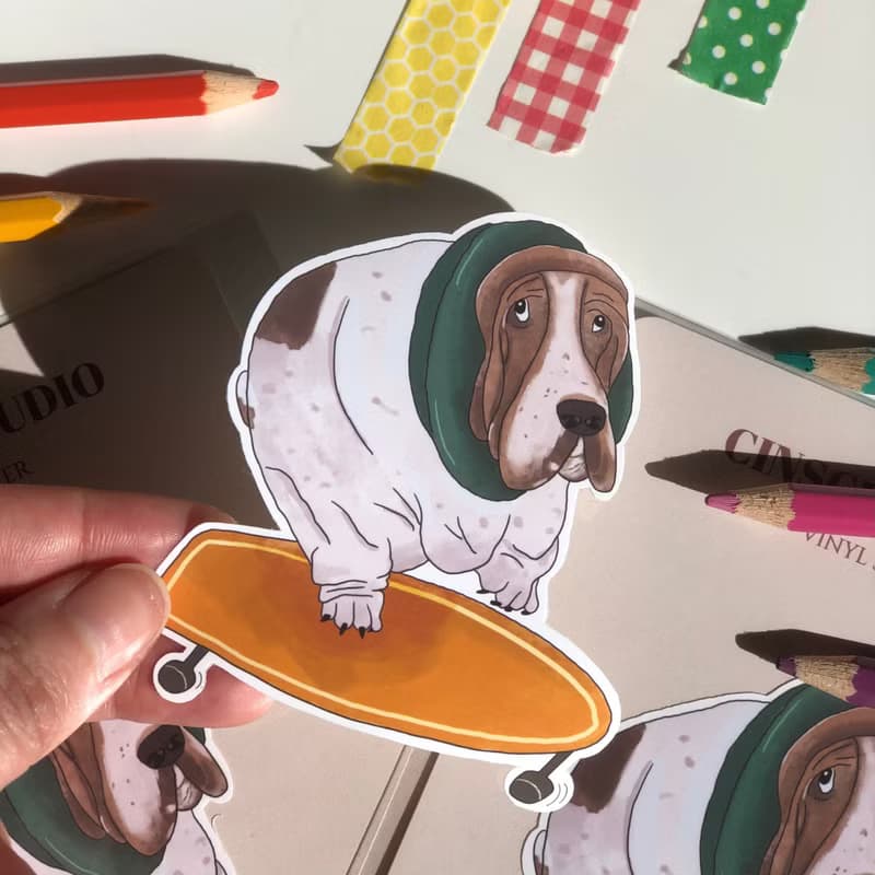 可愛狗狗插畫貼紙 憂鬱巴吉度滑板犬 防水貼紙 行李箱貼