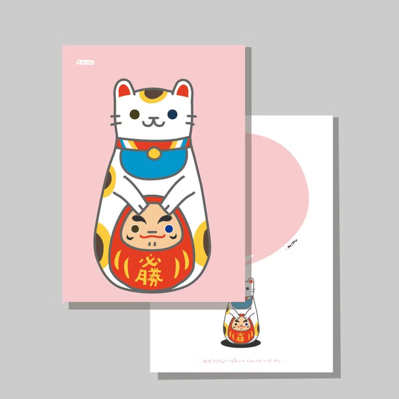 原創明信片/招財貓_小達摩招財貓/原創插畫/貓咪/文創卡片