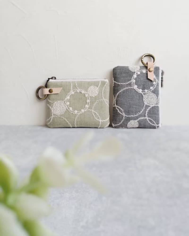 【FQ10/方塊小錢包】日本刺繡 點線圓 綠 灰 日本刺子布 法國金蔥