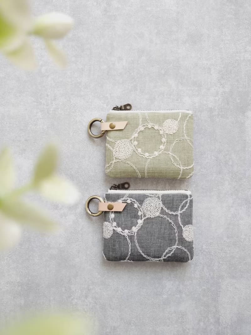 【FQ10/方塊小錢包】日本刺繡 點線圓 綠 灰 日本刺子布 法國金蔥