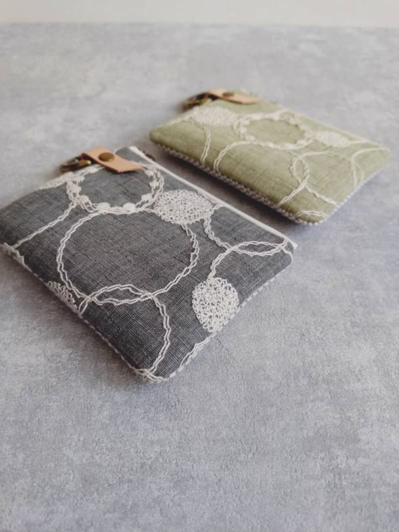 【FQ10/方塊小錢包】日本刺繡 點線圓 綠 灰 日本刺子布 法國金蔥