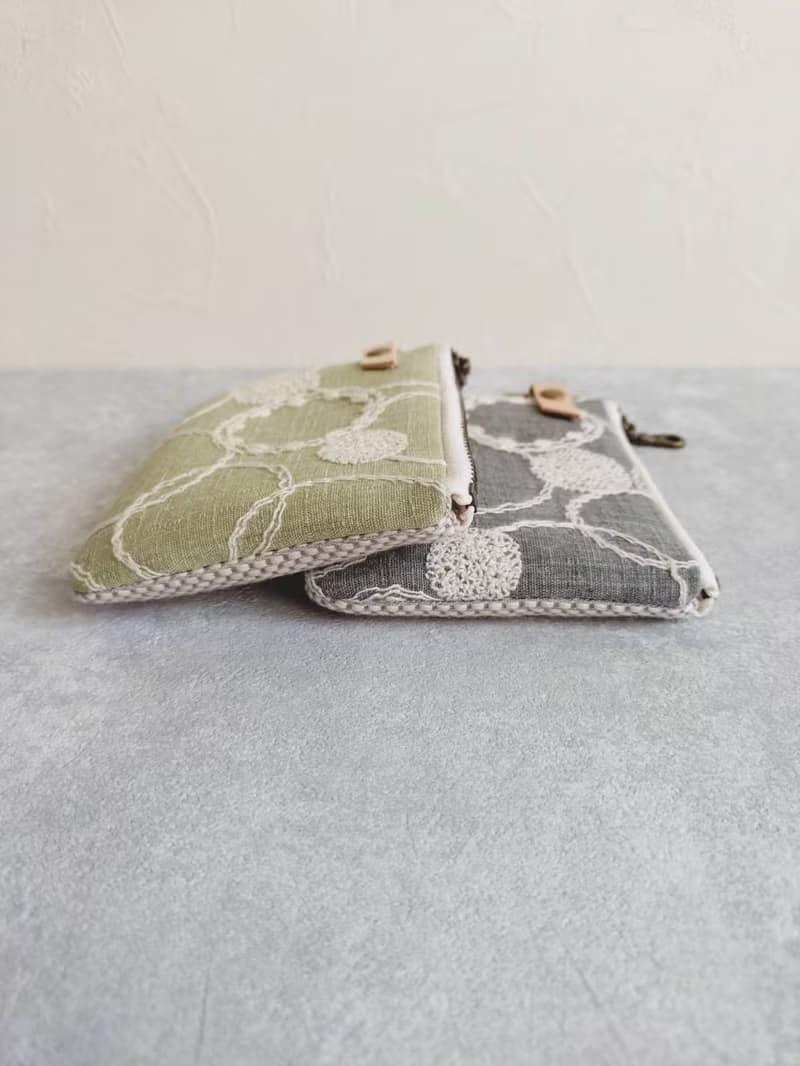 【FQ10/方塊小錢包】日本刺繡 點線圓 綠 灰 日本刺子布 法國金蔥