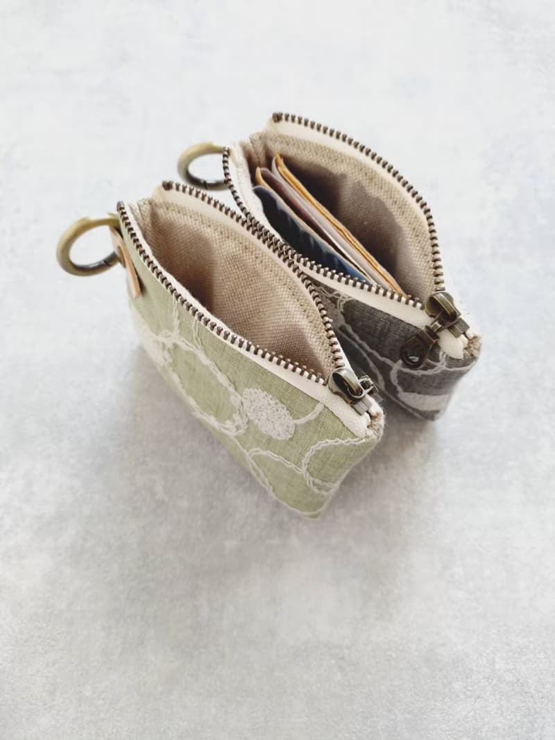 【FQ10/方塊小錢包】日本刺繡 點線圓 綠 灰 日本刺子布 法國金蔥