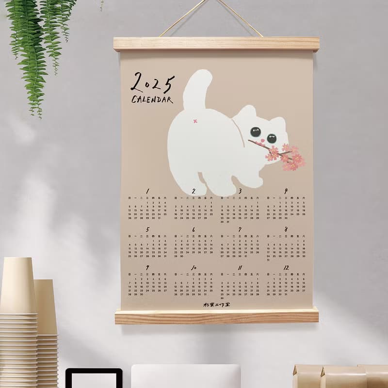森蕗插畫 2025年曆 白貓叼花掛曆海報 居家裝飾房間裝飾牆壁裝飾