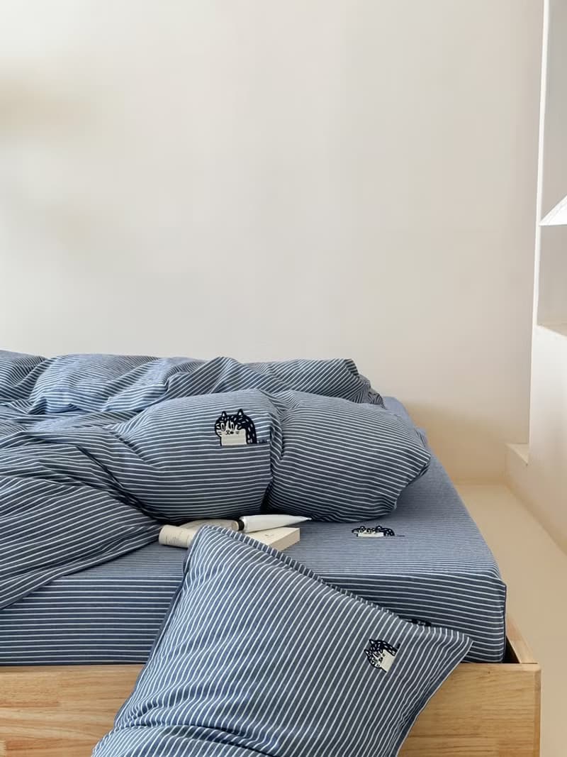 條紋喵喵  單人雙人床單/床包 手繪貓咪40支純棉床品 可加購被套