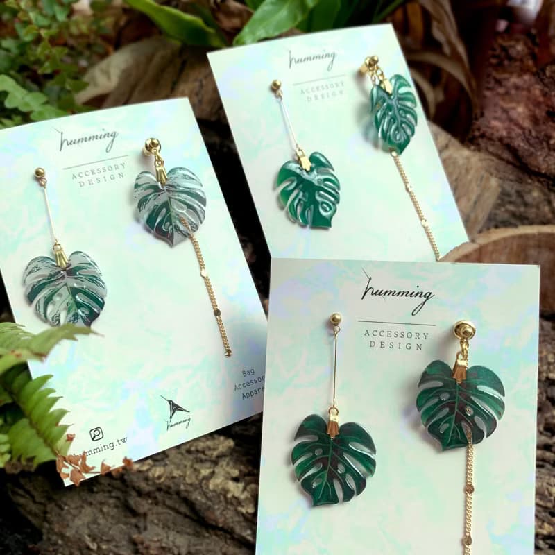 耳環 龜背芋 觀葉 植物 樹脂 水鑽 銀飾 耳夾  禮物 禮盒 情人節