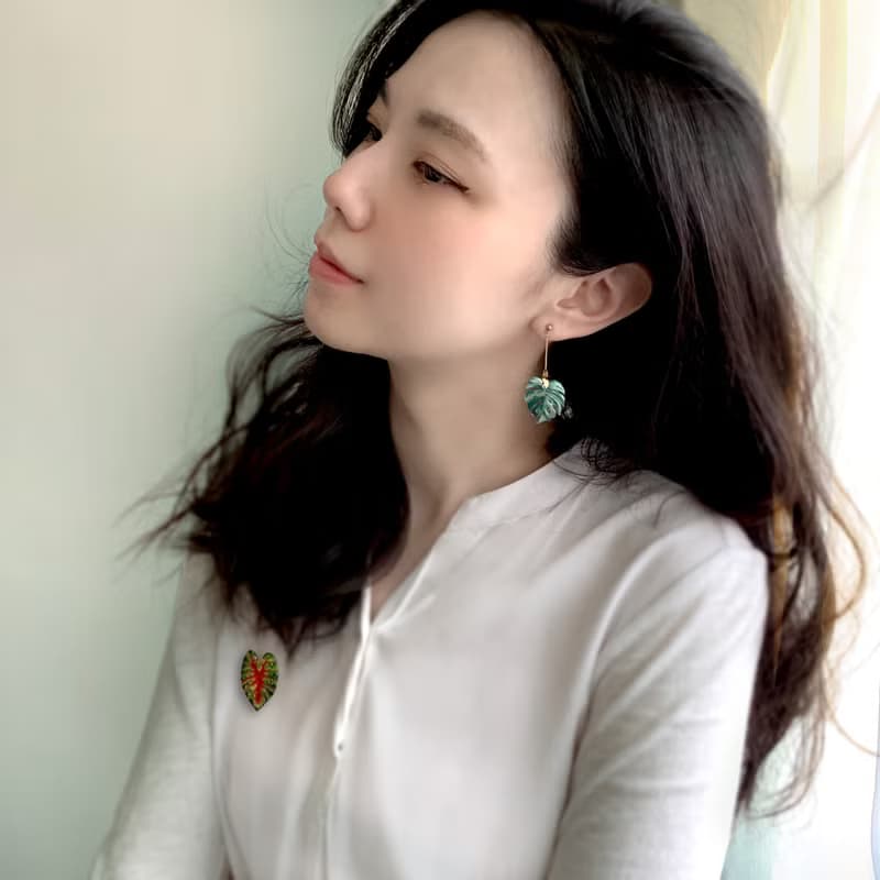 耳環 龜背芋 觀葉 植物 樹脂 水鑽 銀飾 耳夾  禮物 禮盒 情人節