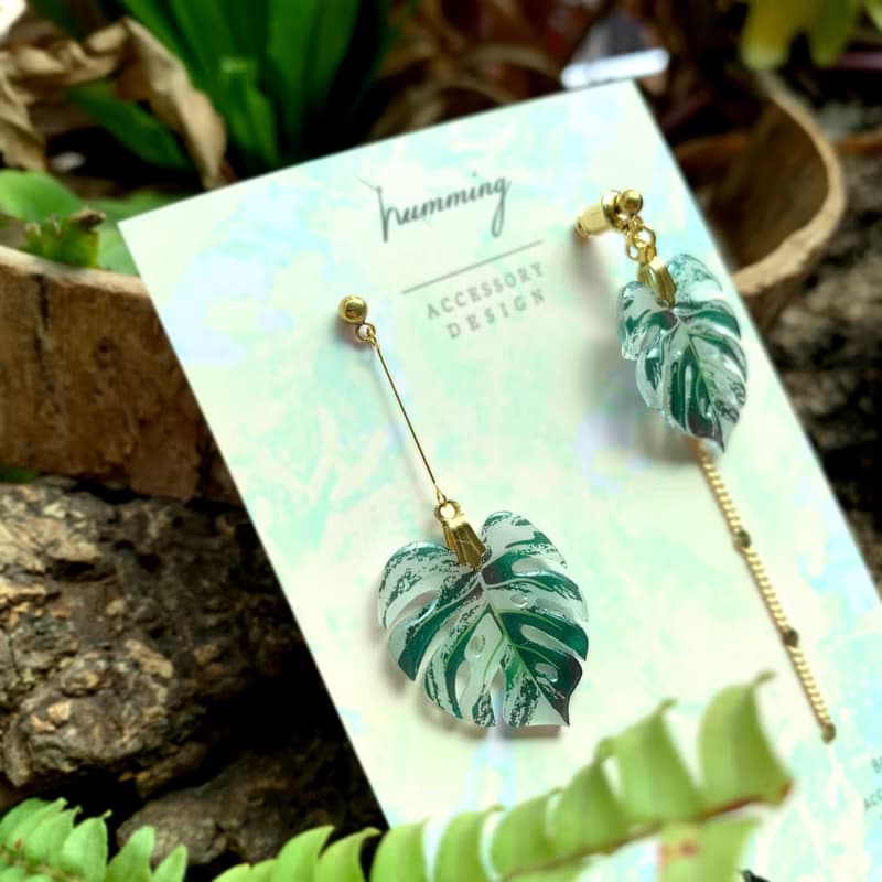耳環 龜背芋 觀葉 植物 樹脂 水鑽 銀飾 耳夾  禮物 禮盒 情人節