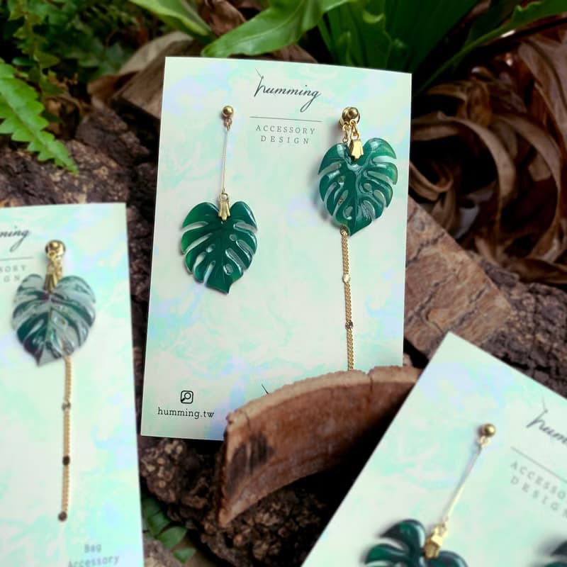 耳環 龜背芋 觀葉 植物 樹脂 水鑽 銀飾 耳夾  禮物 禮盒 情人節