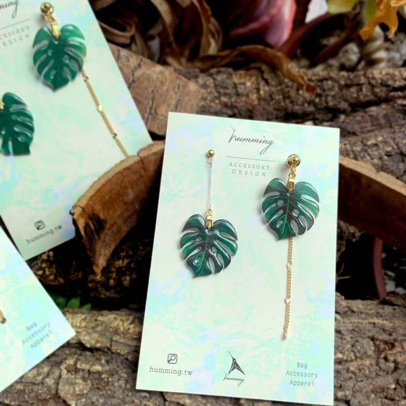 耳環 龜背芋 觀葉 植物 樹脂 水鑽 銀飾 耳夾  禮物 禮盒 情人節