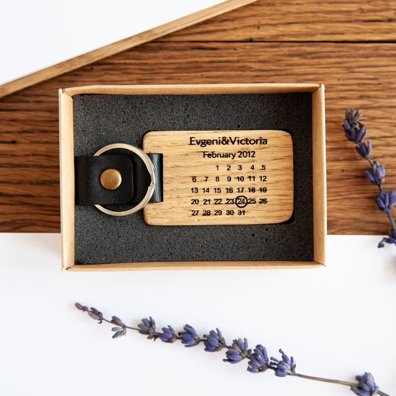 5th 1 year anniversary gift for husband Wooden custom calendar keychain leather