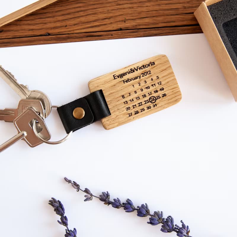 5th 1 year anniversary gift for husband Wooden custom calendar keychain leather