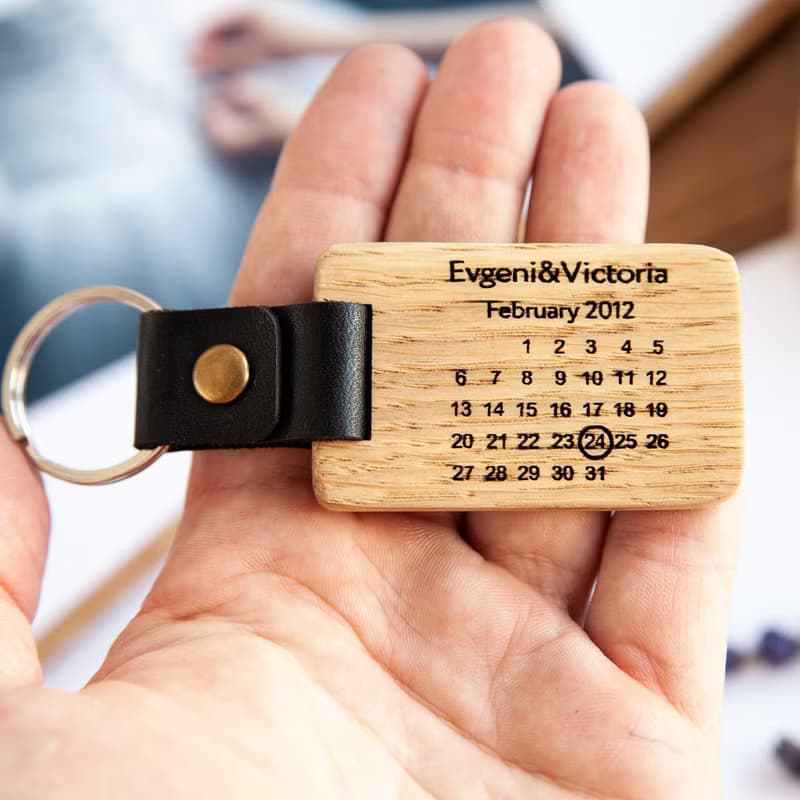 5th 1 year anniversary gift for husband Wooden custom calendar keychain leather