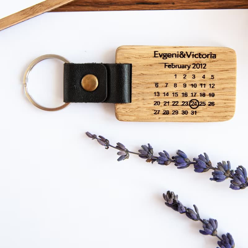 5th 1 year anniversary gift for husband Wooden custom calendar keychain leather