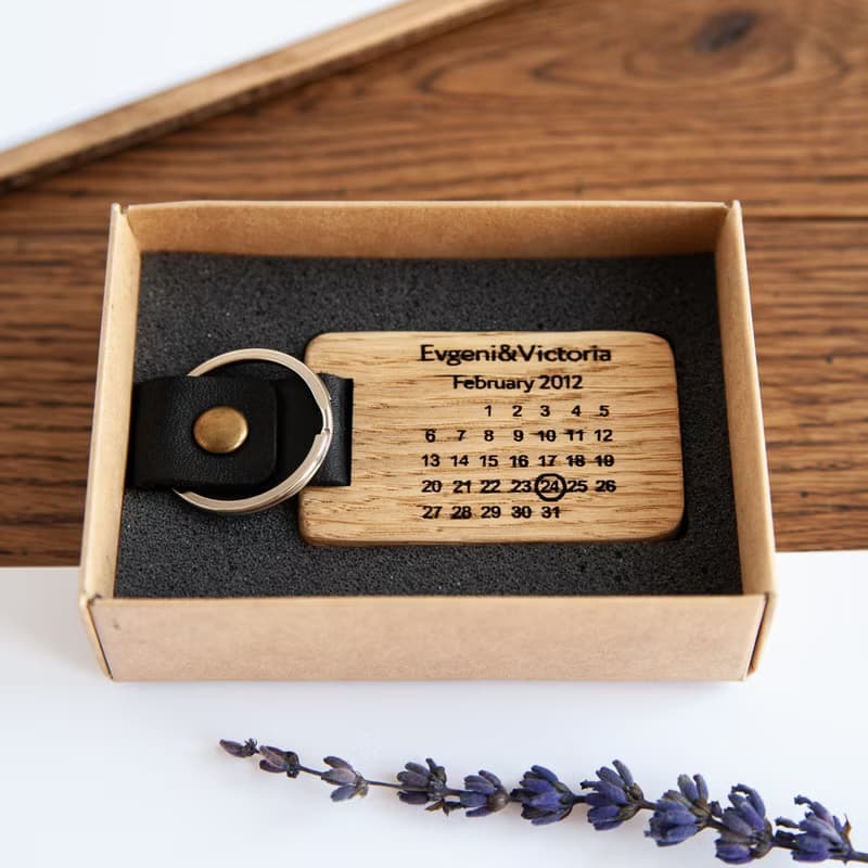5th 1 year anniversary gift for husband Wooden custom calendar keychain leather