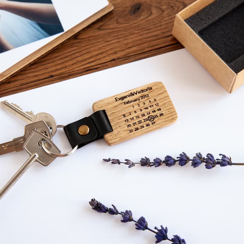 5th 1 year anniversary gift for husband Wooden custom calendar keychain leather